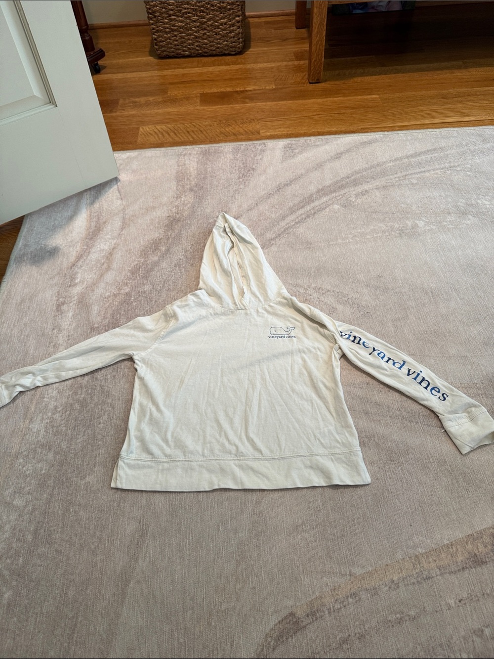 Vineyard Vines Cream Hooded Long Sleeve Tee with Navy Sleeve Logo